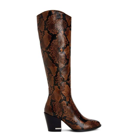 NWT CALVIN KLEIN Womens Brown Animal Print Zip-Up Leather Heeled Boots 6 - Picture 2 of 5